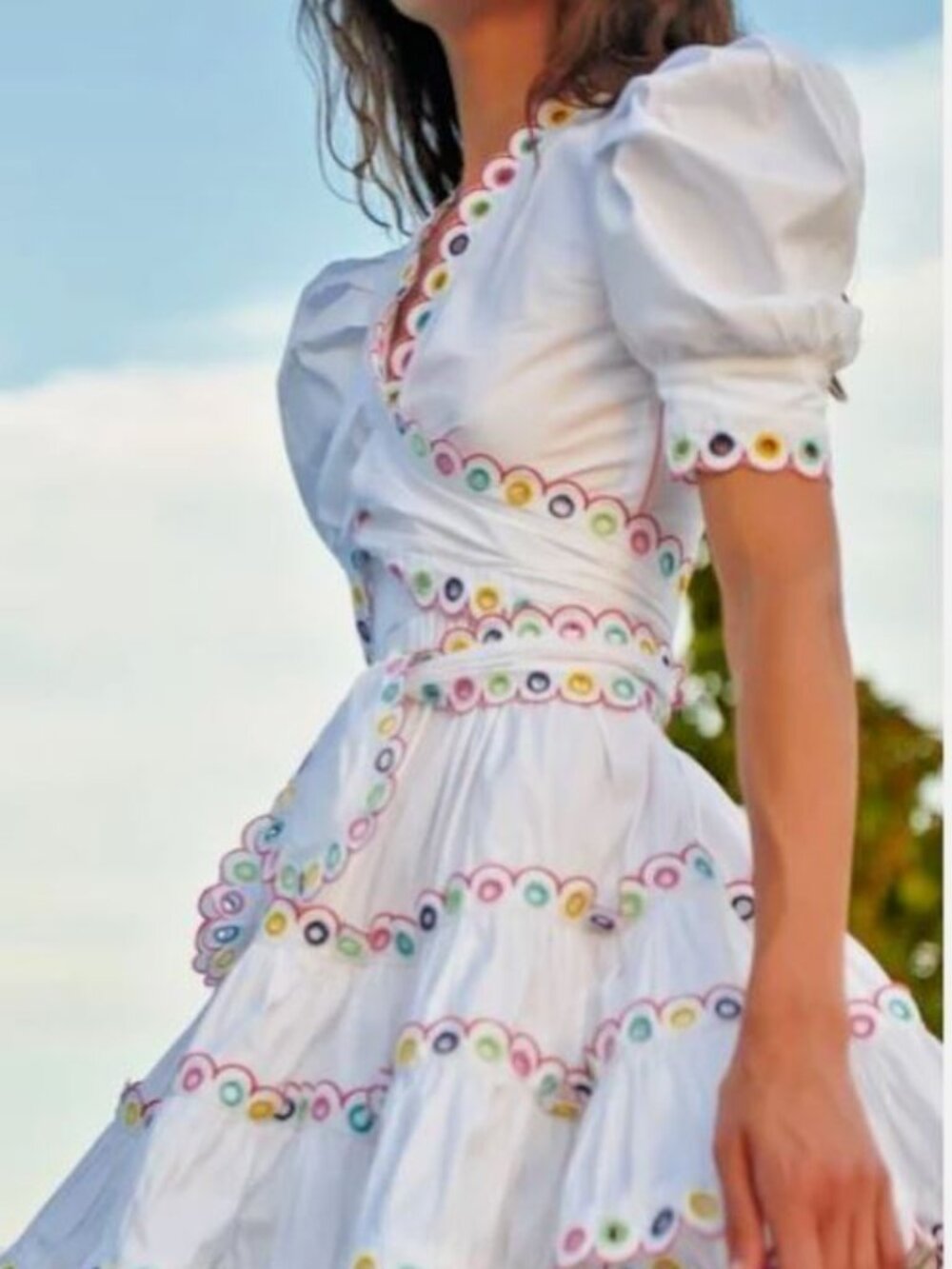 New Celia B nadir Women sz large Short white Tiered Dress With Colorful Eyelets